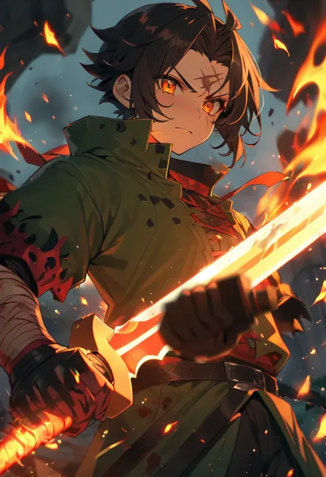 a demon slayer, blonde and black hair, flaming sword, red and green clothes, burn scar on forehead, 8k high definition