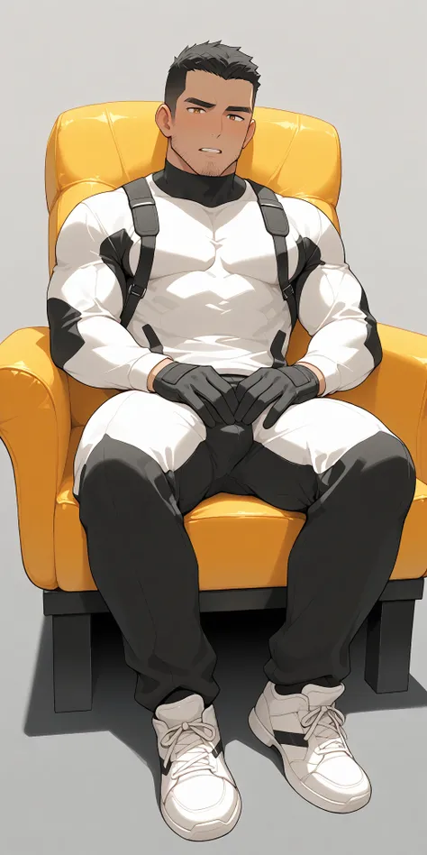 anime characters：Tagame Gengoro, whole body, In a clean and tidy bedroom, Sit on an upscale sofa massage chair, The top is all meat pads, It has lots of milky white mucus on it, He grits his teeth, He's wearing a grey maintenance worker's suit, Wear a blac...