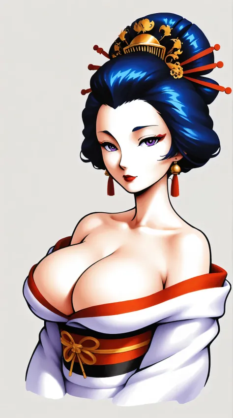 best quality, illustrator anime, master piece:1.5、(minimal art, line drawing), woman、geisha, purple eyes, blue hair, mouth with red lipstick, Black and white world、silence、An ennui look、Densely drawn, big breasts, cleavage, style retro classic, 




