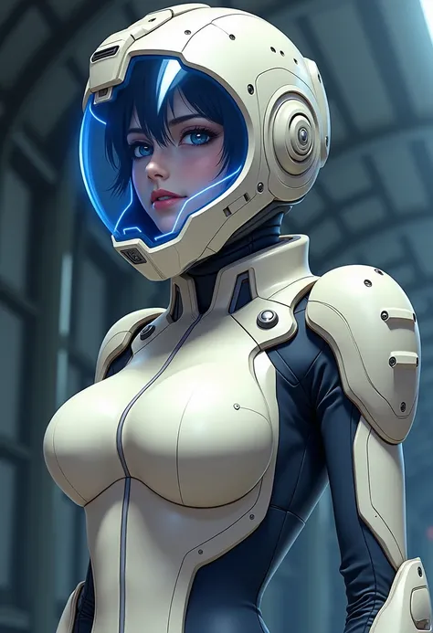 Japanese animation art. A female character wearing a futuristic armored suit. The suit is primarily cream and blue in color, designed to fit closely to her body, with prominent armor emphasized on the chest and shoulders. The helmet features a sleek, curve...