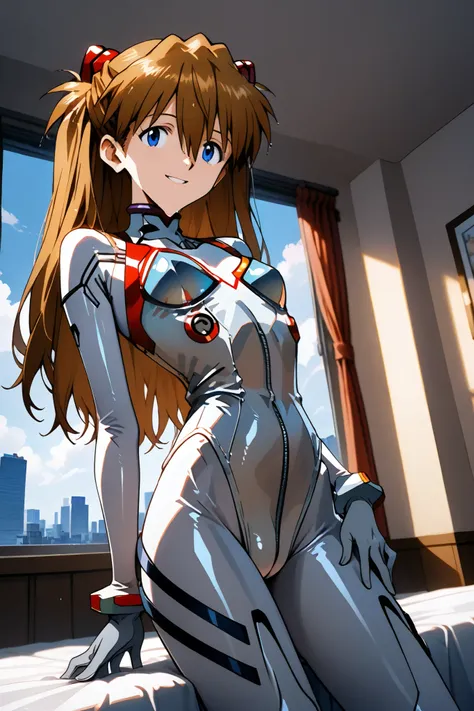 asuka_langley,1 female,solo,looking at the scenery,smile,
I_,wet brown hair,viewer,blue eyes,long hair,hair between the eyes,beautiful eyes,more detailed hair,

silver lace up boots,thigh-high boots,high heels,silver leather bunny suit（1.3）,play boy bunny,...