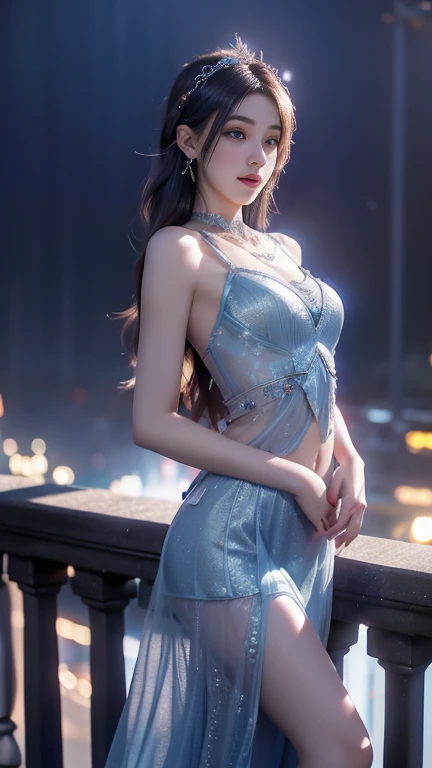 8K, UHD, MAsterpiece, best qualioty, 1 girl, (realistic face), happy pace, very long hair, small breasts, decorated dress, very beautiful ornaments dress, ((blue color)), ((lace)), mesh dress, sardine, loops, legendary night balcony, depth of field, cinema...