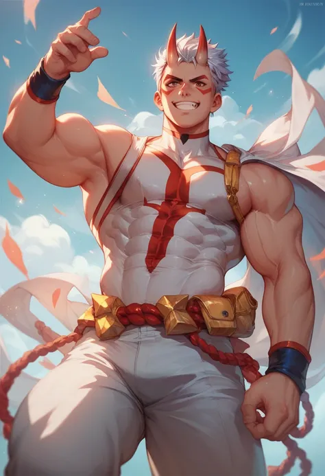 half human and oni, hero, golden, blue and white clothes, strong physique, silver red hair, 8k high definition