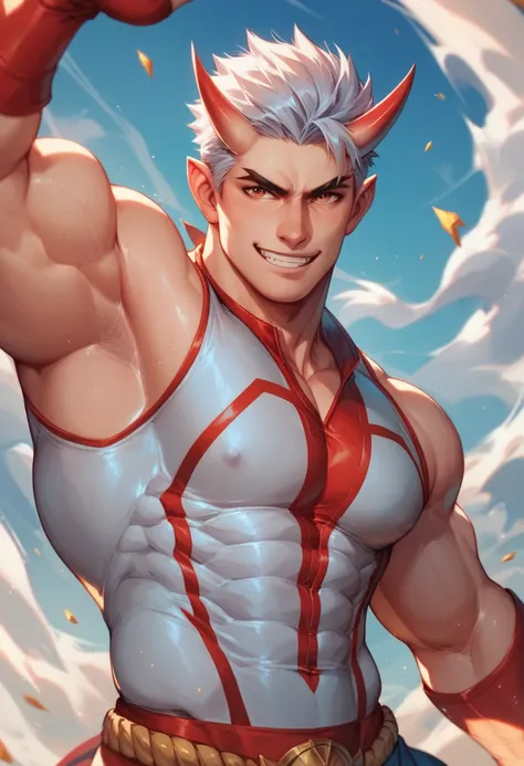 half human and oni, hero, golden, blue and white clothes, strong physique, silver red hair, 8k high definition