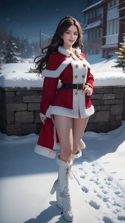 (Aesthetic, High Resolution: 1.2), full-body portrait of a beautiful 20-year-old woman wearing an intricately detailed red boby Santa Claus costume, symmetrical costume structure, clear eyes bright, happy smile, changed hairstyle, snow is falling, snow in ...