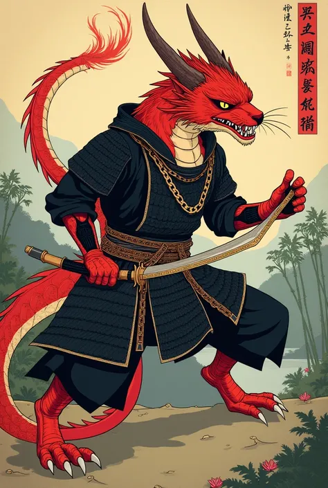 Ukiyo-e: red dragon/lynx yōkai hybrid with black samurai armor, and wields chained-nunchucks.