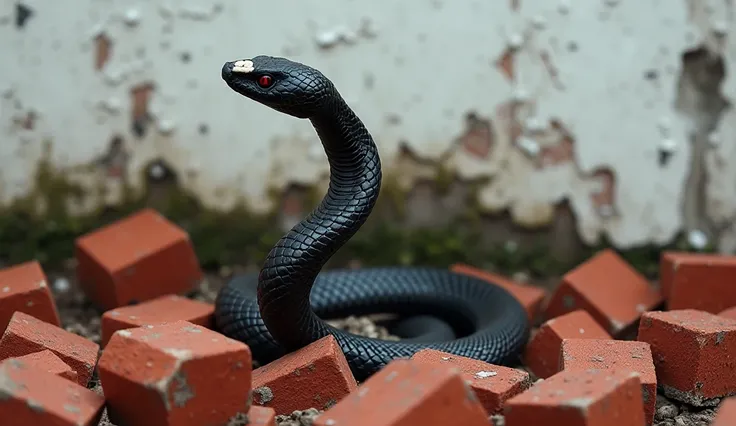 professional photo, photography, black snake with a white dot on its head coming out of a pile of red bricks on a background of a shabby white wall, dirty, mossy, detailed, realistic