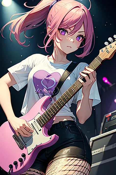 Perfect face. Perfect hand. A pink haired woman with violet eyes and an hourglass figure in a t-shirt and fishnets is playing the guitar on a stage