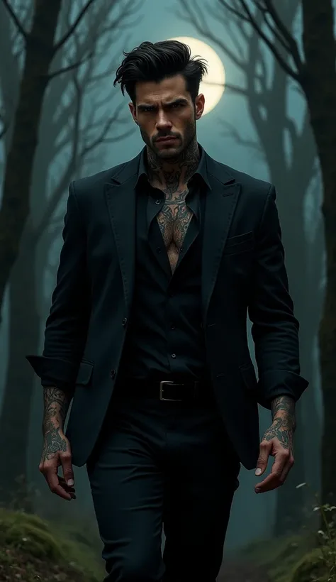 A tall, muscular, broad-shouldered, athletic physique of a 30yo Italian man, wearing a black Armani suit with the top two shirt buttons open and the sleeves rolled up half way, he has tattoos on his neck and arms, confident body language and intense expres...