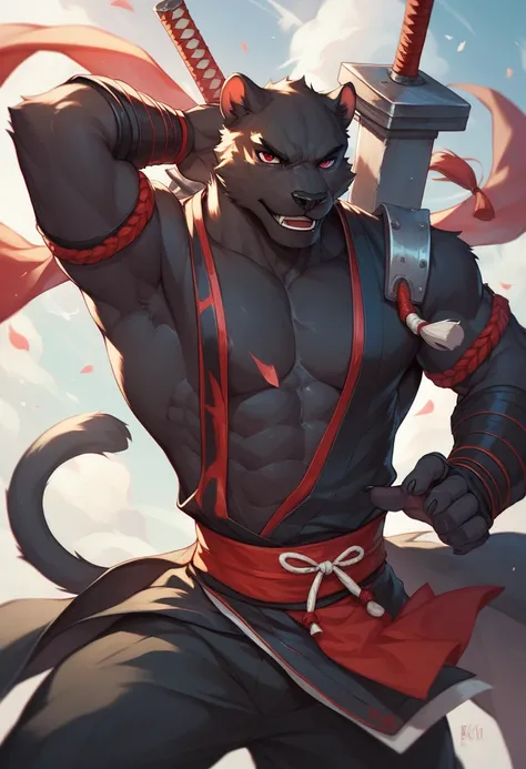 anthropomorphic black panther, samurai, black fur, red eyes, 8k high definition