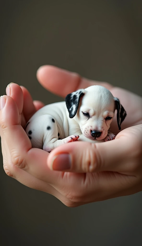 A real miniature Dalmatian puppy in one hand 