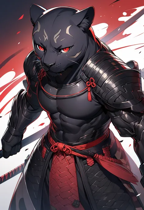 anthropomorphic black panther, samurai, black fur, red eyes, 8k high definition