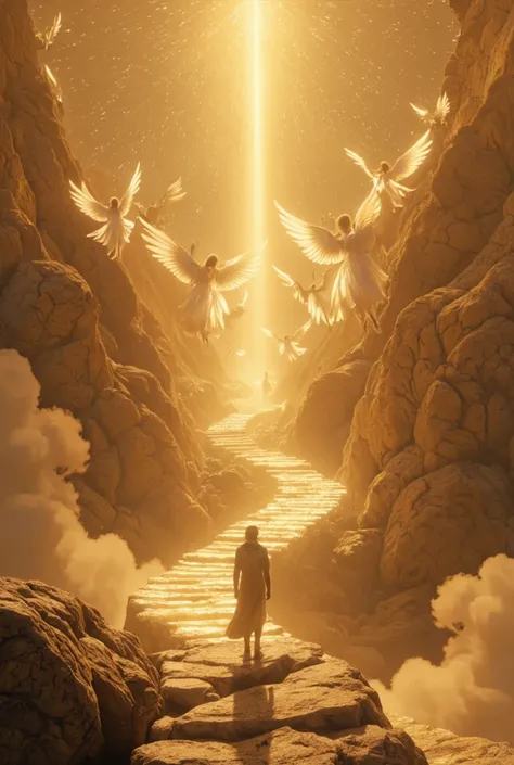 From the protagonist's point of view, He sees a fantastical golden landscape and an endless staircase to heaven, with angels descending to greet him. He continues to climb the stairs