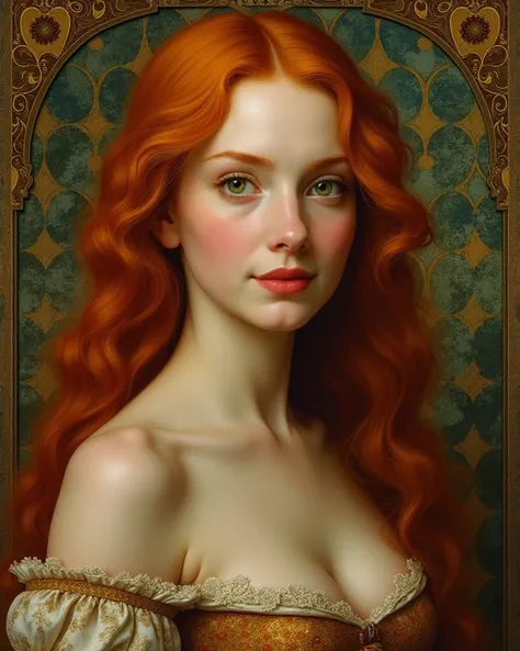 a (((fantastic full-body oil painting))) of a (((beautiful redhead with ((green eyes)) and long, flowing hair))), created by the legendary artist Leonardo da Vinci. The scene is set against a (stunningly detailed backdrop) that showcases an intricate patte...