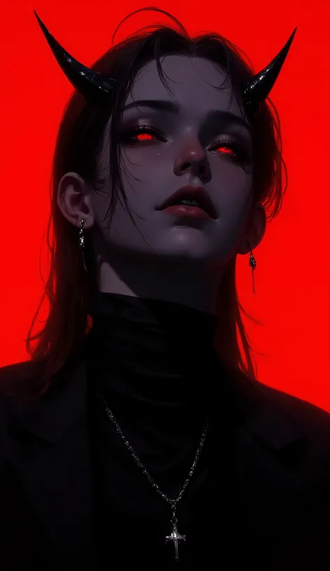 Portrait, male, devil horns, red eyes, dark, dramatic lighting, turtleneck, sharp jawline, intense gaze, noir, red background, black jacket, silver earrings, silver necklace with pendant