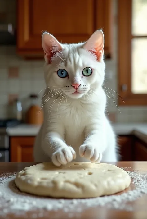 Ultra-realistic image of a white exotic cat with heterochromia, featuring a striking blue left eye and a green right eye, with a distinctive black spot around its left eye. The cat is standing on its hind legs behind a kitchen counter, facing forward. Its ...