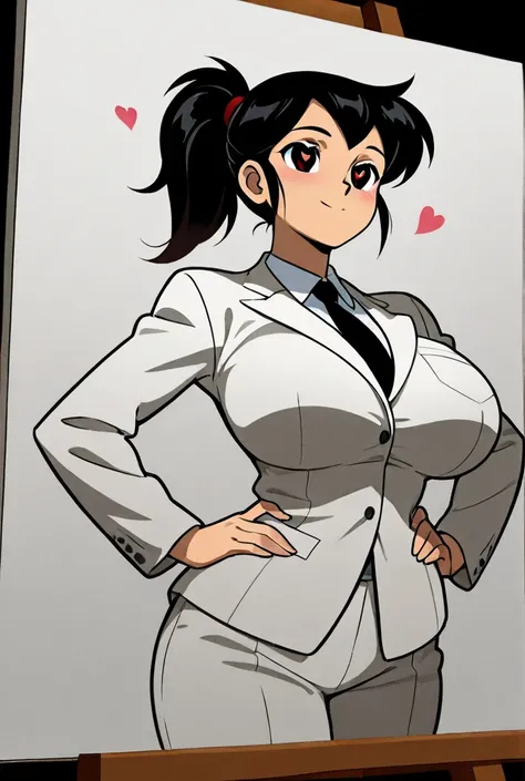 Woman with big boobs, big breasts, big breasts, the hallmark of the image, hourglass figure, heart-shaped face, hair, tied, ponytail, long to the waist, black, black eyes, red eyes, beautiful appearance, wearing a white suit, accentuating the concave point...