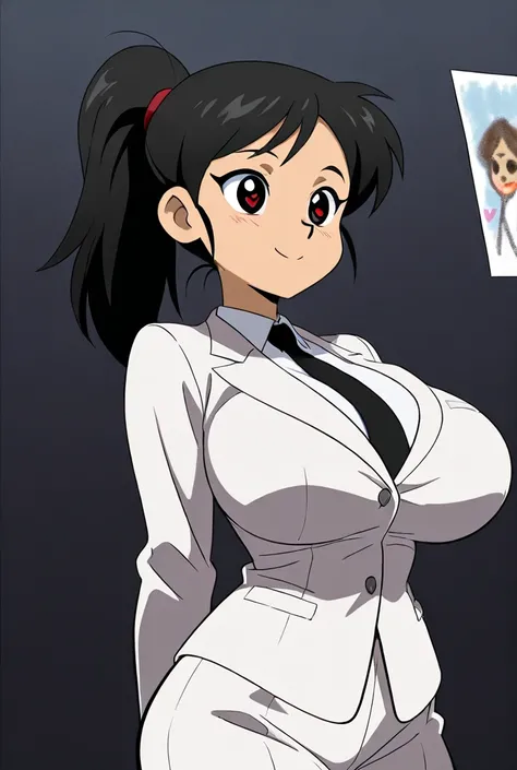 Woman with big boobs, big breasts, big breasts, the hallmark of the image, hourglass figure, heart-shaped face, hair, tied, ponytail, long to the waist, black, black eyes, red eyes, beautiful appearance, wearing a white suit, accentuating the concave point...