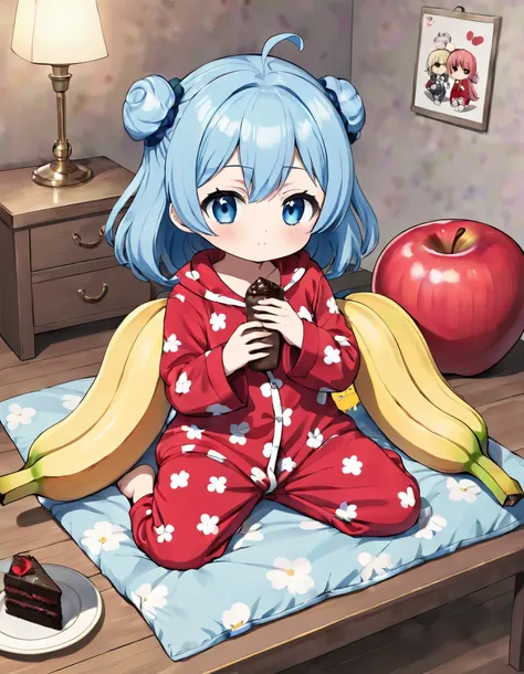  bedroom,  chibi in one piece pajamas holding a  パイナップル, Color of Passion ,  Anime Art Wallpaper 8K,  masterpiece,  Gweiz-style artwork,   soft anime illustration  ,  Gweiz art station pixiv , Pix Artステーションでのグーグル,  chibi ,  banana, apple、Light blue chignon...