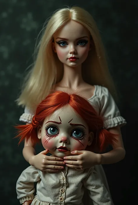 Blonde Barbie is holding a rag doll that has red hair tied by two braids,  horror