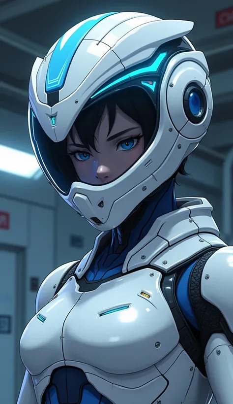 Japanese animation art. A muscular boy space warrior character wearing a futuristic armored suit. The suit is primarily white and blue in color, designed to fit closely to her body, with prominent armor emphasized on the chest and shoulders. The helmet fea...