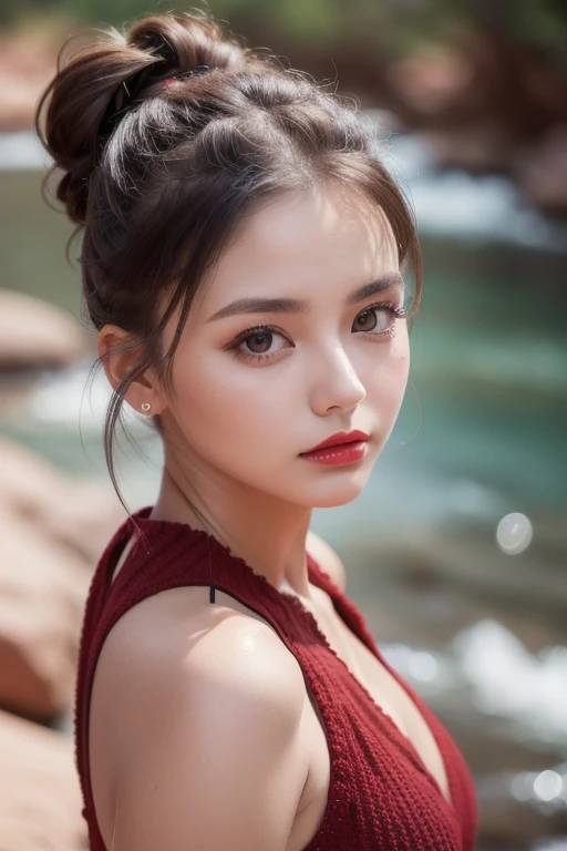 Josk River's Portrait of a Beautiful Woman with Hair  , double bun ,   Zion National Park Hiking Trails, Bright red lips, (Masterpiece) ( best quality ) (  Details) (8k) ( high resolution) ( wallpaper) (  cinematic writing ) ( sharp concentration) ( compli...