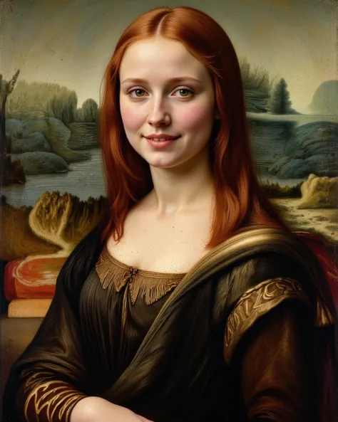 a (((fantastic full-body oil painting))) of a (((beautiful redhead with ((green eyes)) and long, flowing hair))), created by the legendary artist Leonardo da Vinci. The scene is set against a (stunningly detailed backdrop) that showcases an intricate patte...