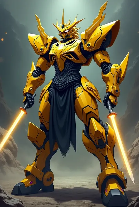 Shonen: yellow dragon/tiger mecha with black ninja garb, and wields katanas.