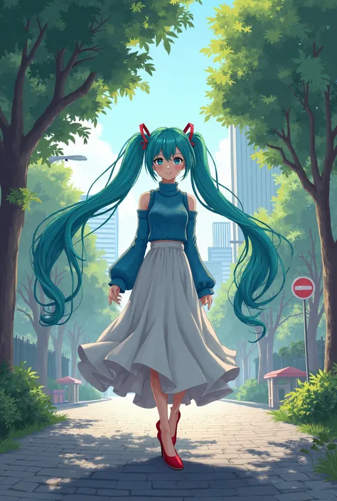 Hatsune Miku walking under a tree On a gray brick road in a Malaysian city In a blue turtleneck white long skirt red high heels