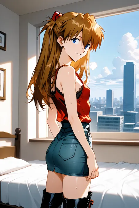 asuka_langley,1 female,solo,looking at the scenery,smile,
I_,wet brown hair,viewer,blue eyes,long hair,hair between the eyes,beautiful eyes,more detailed hair,
red leather tank-top,red lace up boots,thigh-high boots,high heels,jeans skirt(1.3),miniskirt,w...