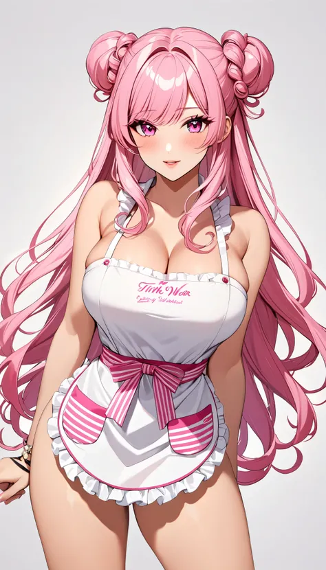  top quality　  Masterpiece  　 high definition 　  Masterpiece  　 pink long hair, curly hair,　　  pink Eyes 　, twin bun bun hair, big breast, seductive, flirty,  blushing, plain backround, no backround, white backround, gyaru, make up, apron, only wear apron