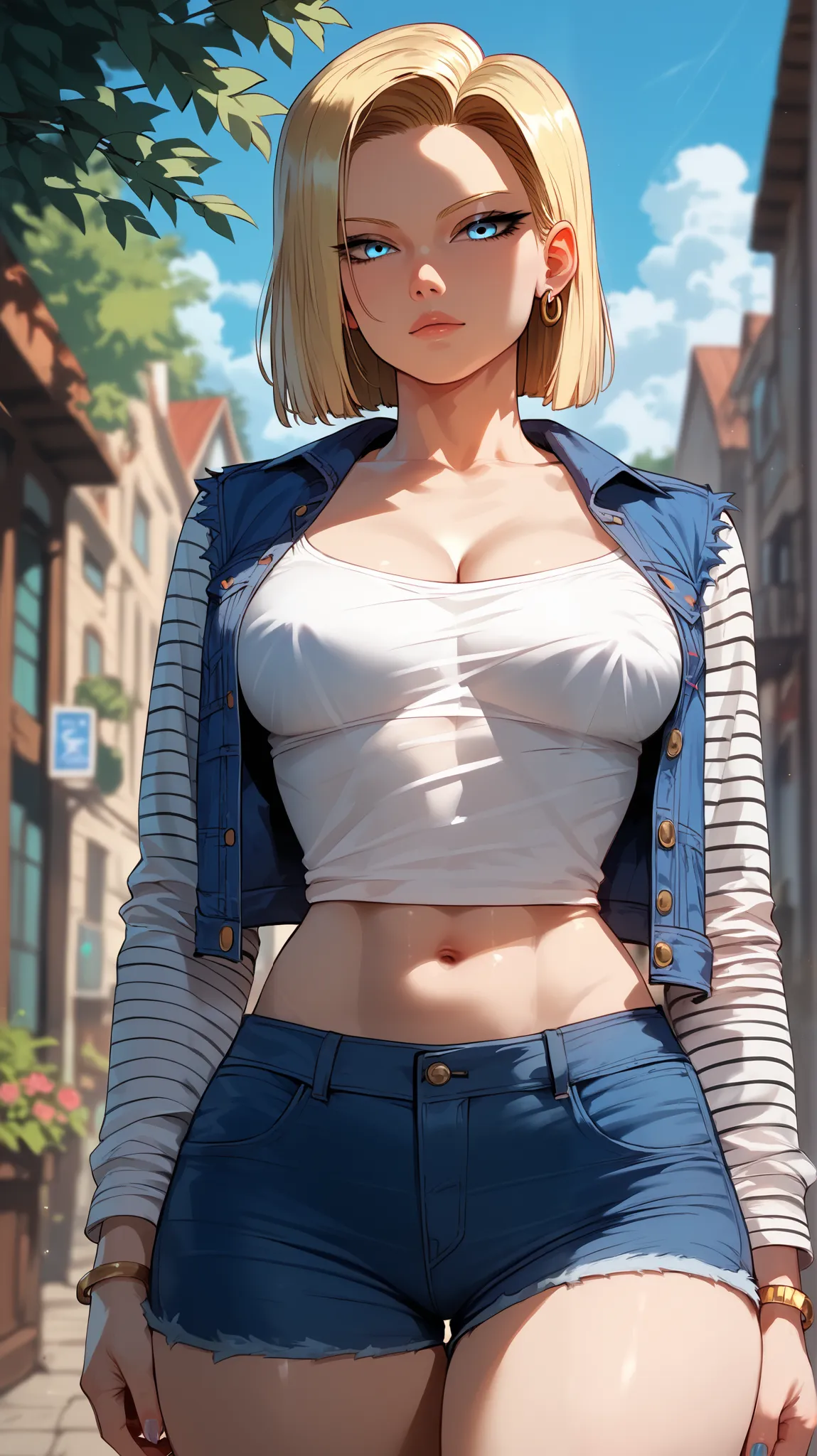 Android 18 style,  perfect eyes ,  perfectly sexy face, ultra detailed,  ultra perfect eyes ,  big beautiful woman , standing, dark blue shorts, Body,  looking at the viewer,