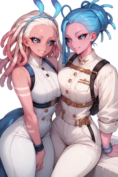 1;Woman, pink skin, White dreadlocks,blue eyes, black sclera, white stripes under the eyes, white clothes, white pants, white blouse, white jumpsuit, anime style, best quality, Blue antennas,smiling,Bangs