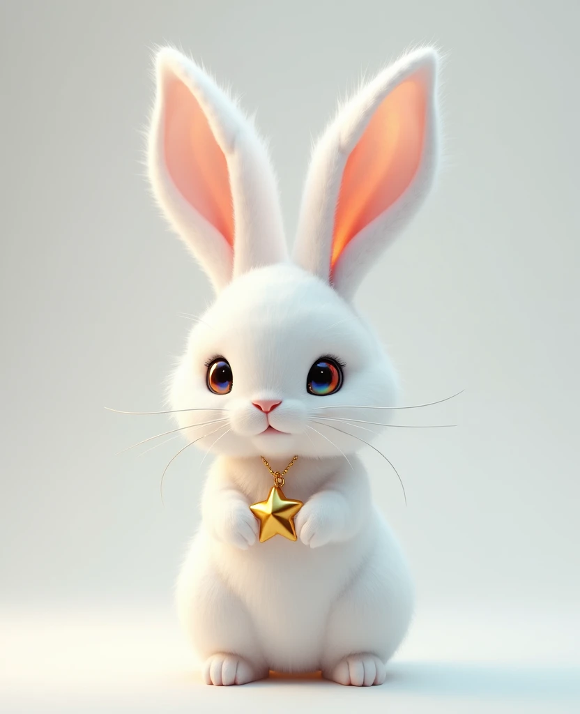 A snow-white rabbit with a whole body，Her hair is soft and shiny ， There is a faint rainbow luster on the inside of her ears ， There is a golden star pendant hanging on her body 。