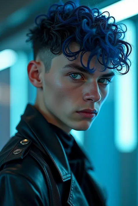 A professional 15-year-old adolescent male with black and blue titanium colors with small, curly hair 