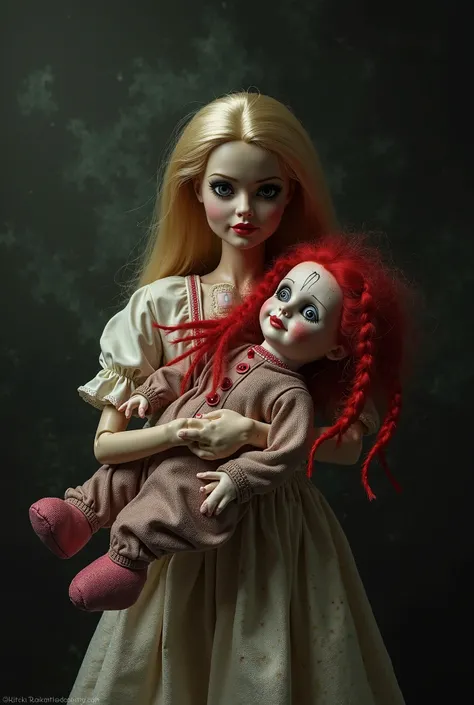 Blonde Barbie is holding a rag doll that has red hair tied by two braids,  horror