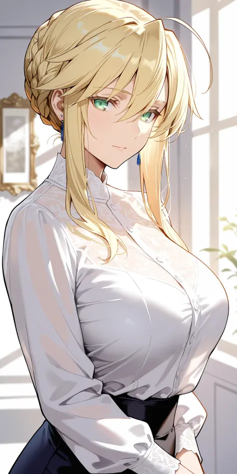 Masterpiece, mature woman, artoria pendragon (Lancer) (fate), slim, upper body, white shirt, long sleeves, graceful, elegant, wise type, ultra detailed, highres, absurdres, white room, portrait