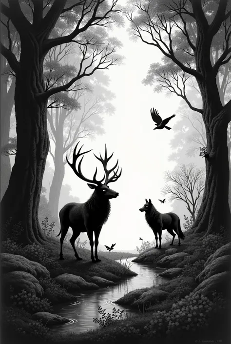 BLACK AND WHITE ART ,  of animals in cartoon format , Where are they playing 