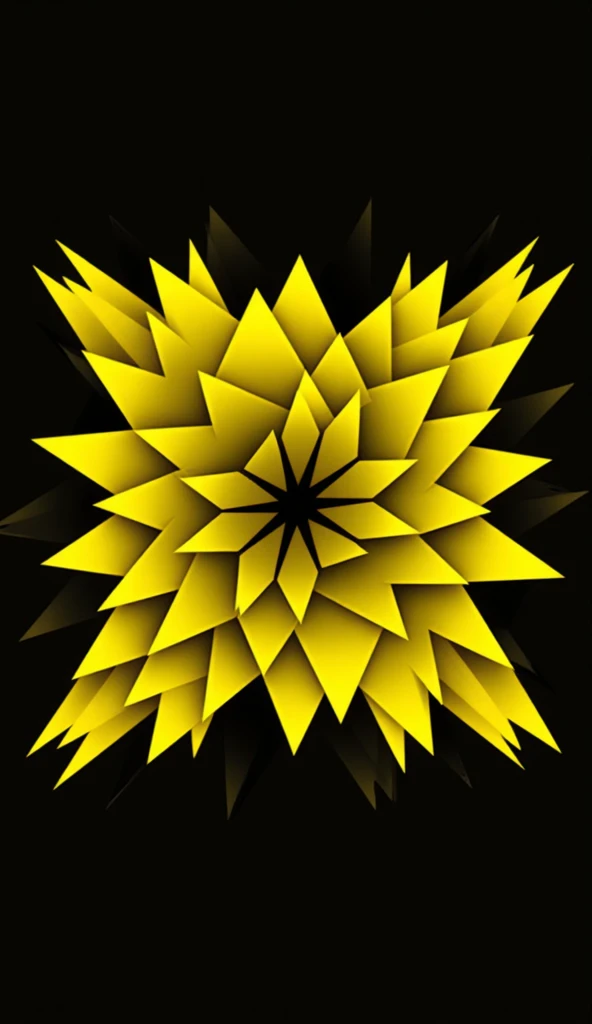 This image is a digital artwork featuring an abstract geometric pattern.

Subject Matter: The image is entirely abstract and non-representational. It is composed of numerous yellow geometric shapes, primarily rhomboids and triangles, arranged in a radiatin...