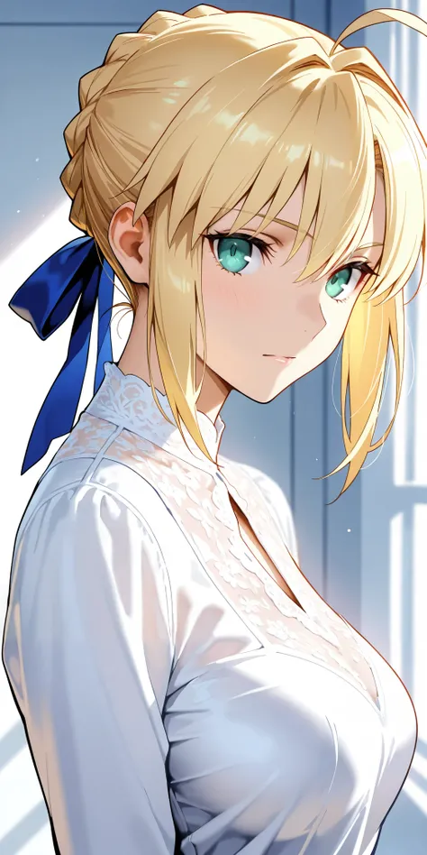 Masterpiece, mature woman, artoria pendragon (saber) (fate), bang, slim, upper body, white shirt, long sleeves, ultra detailed, highres, absurdres, white room, portrait, fate/stay night anime style