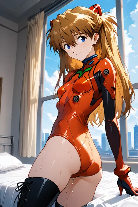 asuka_langley,1 female,solo,looking at the scenery,smile,
I_,wet brown hair,viewer,blue eyes,long hair,hair between the eyes,beautiful eyes,more detailed hair,

lace up boots,thigh-high boots,school swim suits（1.3）,high heels,elbow gloves, 

ortrait,backgr...