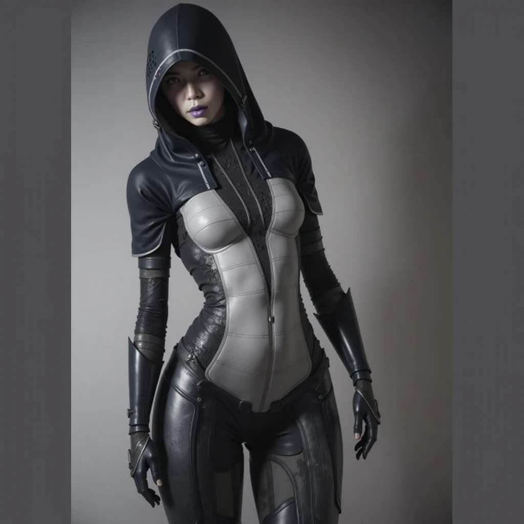 "A full-body image of a mysterious woman inspired by Kasumi Goto from Mass Effect. She wears a heavily damaged and battle-worn, skin-tight black and gray stealth suit, marked with deep scratches, tears, and dirt from years of intense battles. Her hood fram...