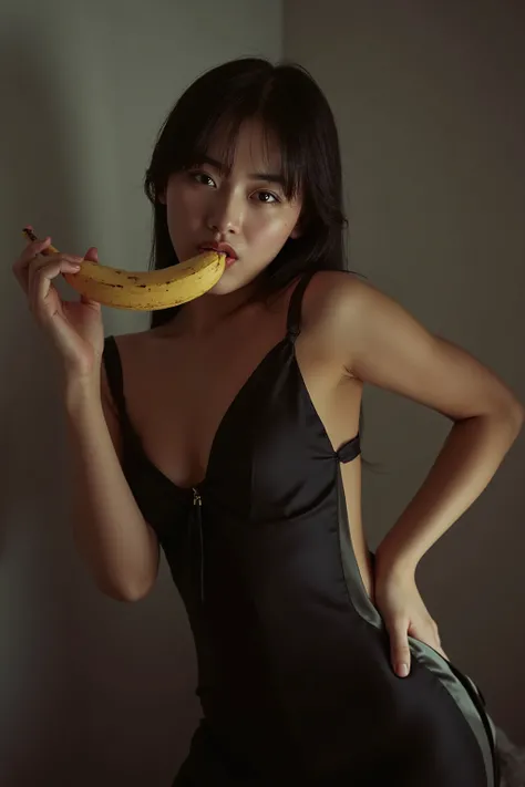 A high resolution photograph of a Japanese woman in seductive dress, (tongue out, licking a banana while looking at the camera), masterpiece, best quality, cinematic lighting, hyper realistic, intricate details, 8k,