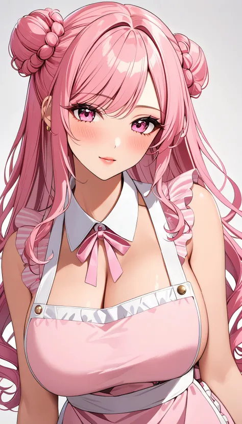  top quality　  Masterpiece  　 high definition 　  Masterpiece  　 pink long hair, curly hair,　　  pink Eyes 　, twin bun bun hair, big breast, seductive, flirty,  blushing, plain backround, no backround, white backround, gyaru, make up, apron, only wear apron