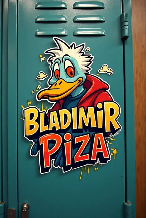  Design an image where with the word Bladimir Piza you create a sticker to paste in a locker. In the background use the image of Duckula 