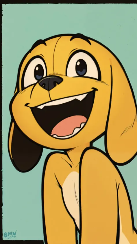 Anthropromorphic yellow dog, solo, cartoon, 2D, black nose, eyes close together, legs out of frame, thick black contour lines, smile, looking at viewer, High Resolution, Best Quality, open mouth, teeth showing, happy, Simple background