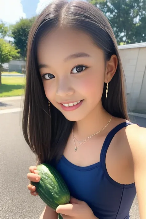   top quality  、   Ultra Fine  、 Beautiful girl holding a cucumber、  cute face、((School swimsuit)) ， detailed face 、smile、Junior high school students、baby face、  Thin Waist、  selfie、   black hair、  straight hair、  perfect style、  short、 small breasts、 earr...