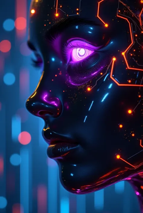 Enhance a half-android portrait with a futuristic and hyper-realistic style. The android's face should have a polished metallic texture, with realistic reflections and glowing neon accents. The purple eye must emit a subtle glow, appearing dynamic and aliv...