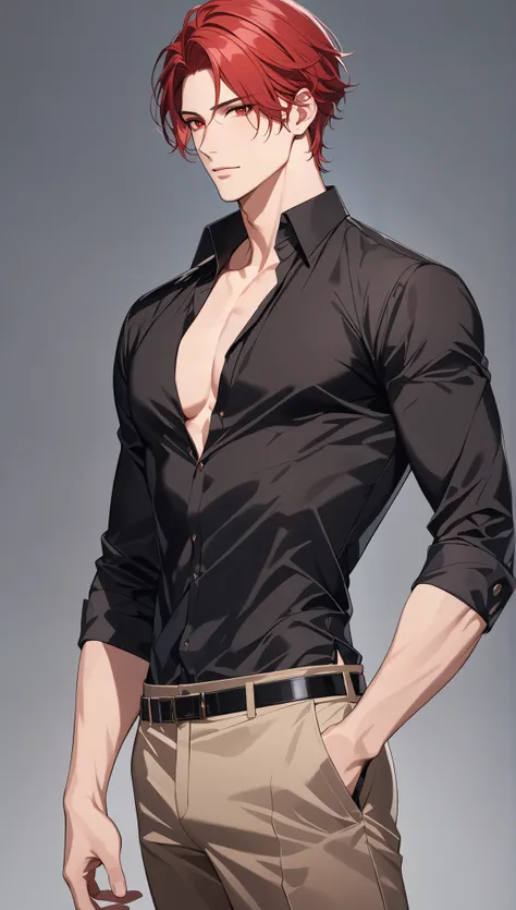 top quality　 Masterpiece 　 high definition 　 Masterpiece 　, red hair man,　　 red Eyes man 　  plain backround, no backround, white backround, male, mascular body , handsome, ikemen, thight black shirt