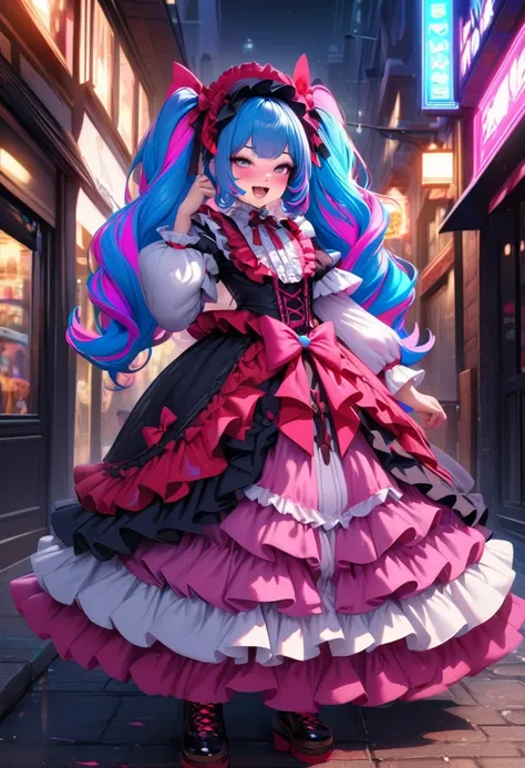 (realistic:0.8),masterpiece,perfect face,best quality,ultra detailed,(1 extreme cute  loli girl), long voluminous wavy twin tails, ,(lolita style,wavy siderock,:1.3),(seductive smile),(extreme colorful hair, extreme colorful middle voluminous dress with ex...